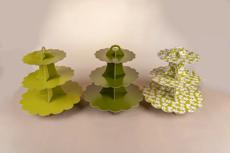Party decorations and cupcake stand centerpiece