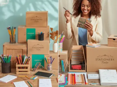 Wholesale stationery supplier reviewing samples and planning first bulk order with notebooks, planners, and office stationery
