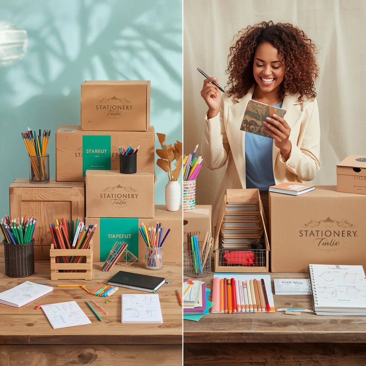 Wholesale stationery supplier reviewing samples and planning first bulk order with notebooks, planners, and office stationery