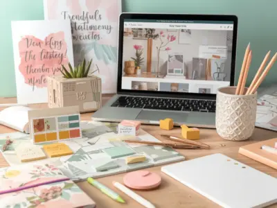 Collection of 2026 stationery design trends including pastel notebooks, sustainable journals, AI-generated pattern planners, holographic and metallic finishes.
