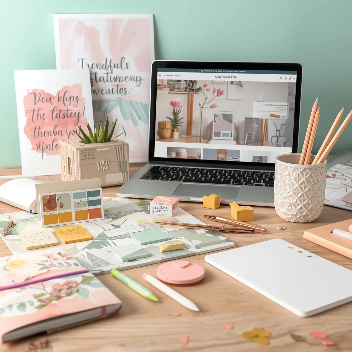 Collection of 2026 stationery design trends including pastel notebooks, sustainable journals, AI-generated pattern planners, holographic and metallic finishes.