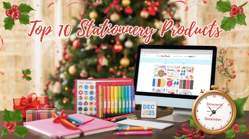 wholesale stationery for christmas A festive display of premium notebooks, planners, pens, and stationery gift sets arranged for Christmas retail, showcasing eco-friendly and limited-edition designs.