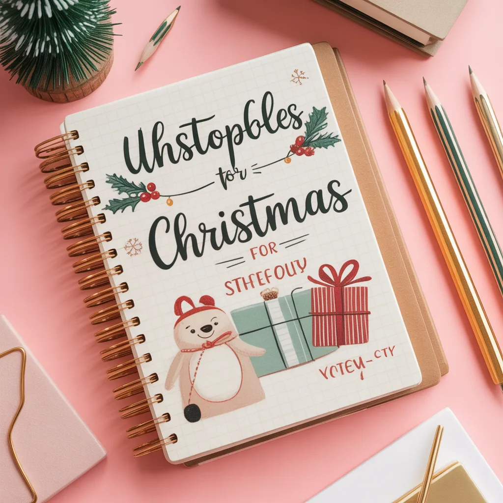 A festive display of premium notebooks, planners, pens, and stationery gift sets arranged for Christmas retail, showcasing eco-friendly and limited-edition designs.