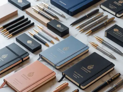 private label stationery manufacturer displaying custom branded notebooks and pens