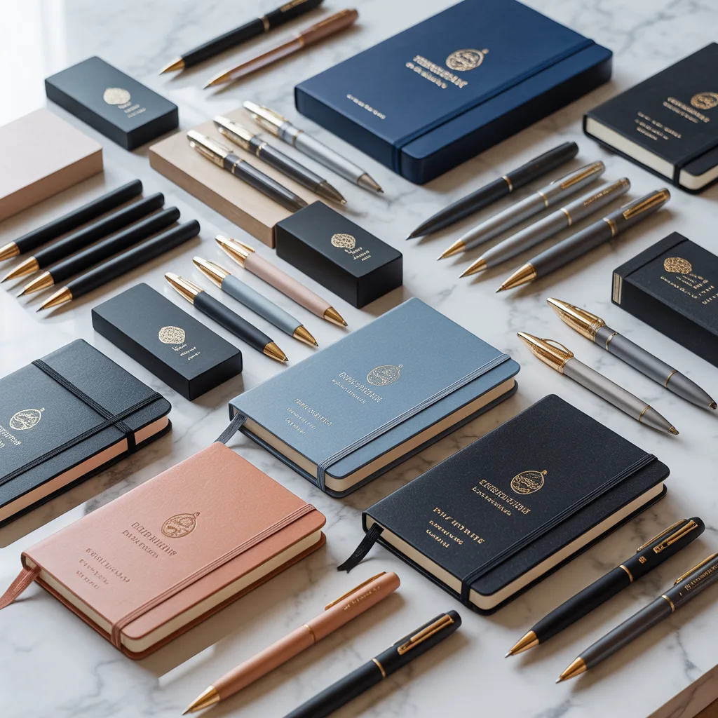 private label stationery manufacturer displaying custom branded notebooks and pens