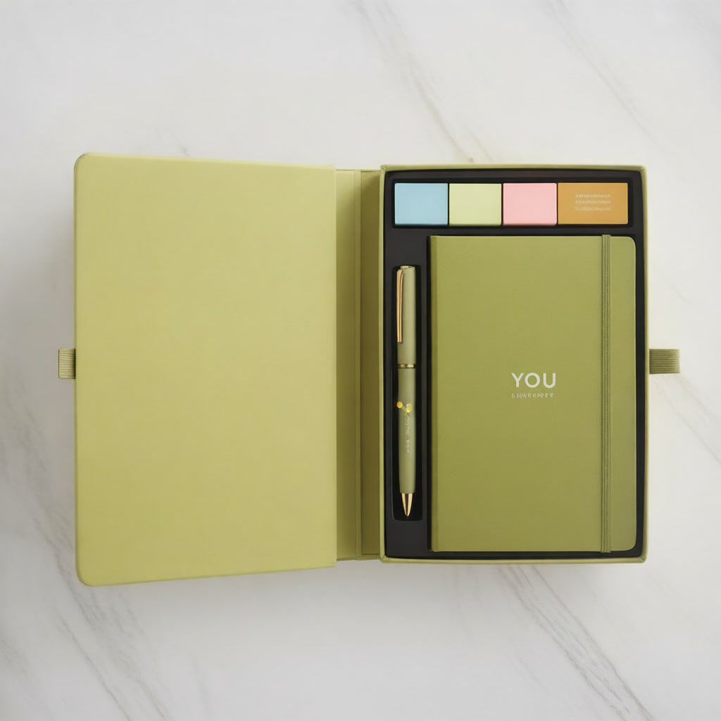 Premium corporate stationery gift set in olive gold magnetic closure box revealing branded notebook pen and highlighters on white marble
