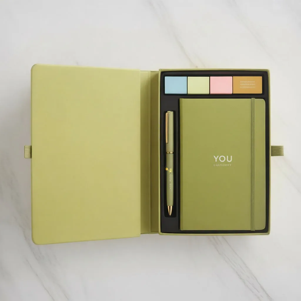 Premium corporate stationery gift set in olive gold magnetic closure box revealing branded notebook pen and highlighters on white marble