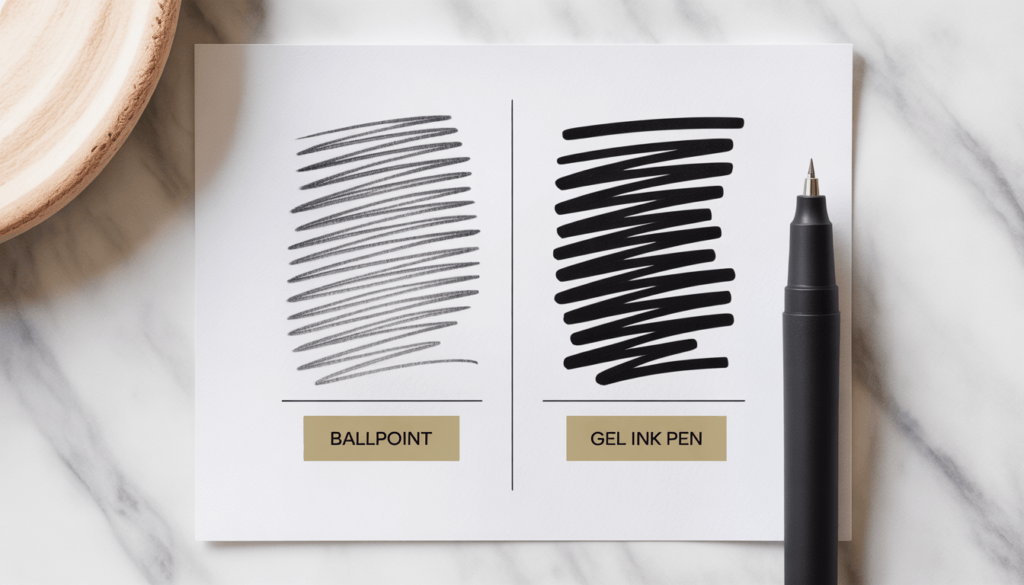 Side by side writing comparison showing ballpoint pen scratchy faint lines versus gel ink pen smooth vivid consistent lines on white paper