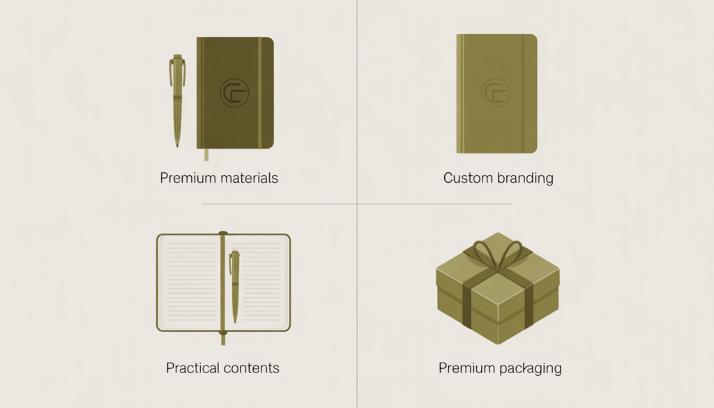 Four quadrant illustration showing the qualities of a great corporate stationery gift set including materials branding contents and packaging