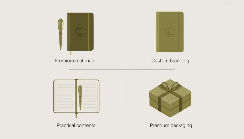 Corporate Stationery Gift Set: 8 Best Options in 2026 2 Four quadrant illustration showing the qualities of a great corporate stationery gift set including materials branding contents and packaging