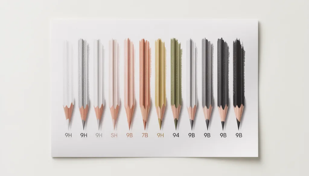 Pencil lead grade swatches from 9H to 9B showing the range from light to dark marks on white paper