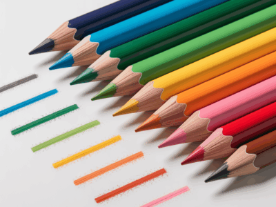 Seven pencil lead grades from 4H to 6B arranged in a diagonal row on a white surface
