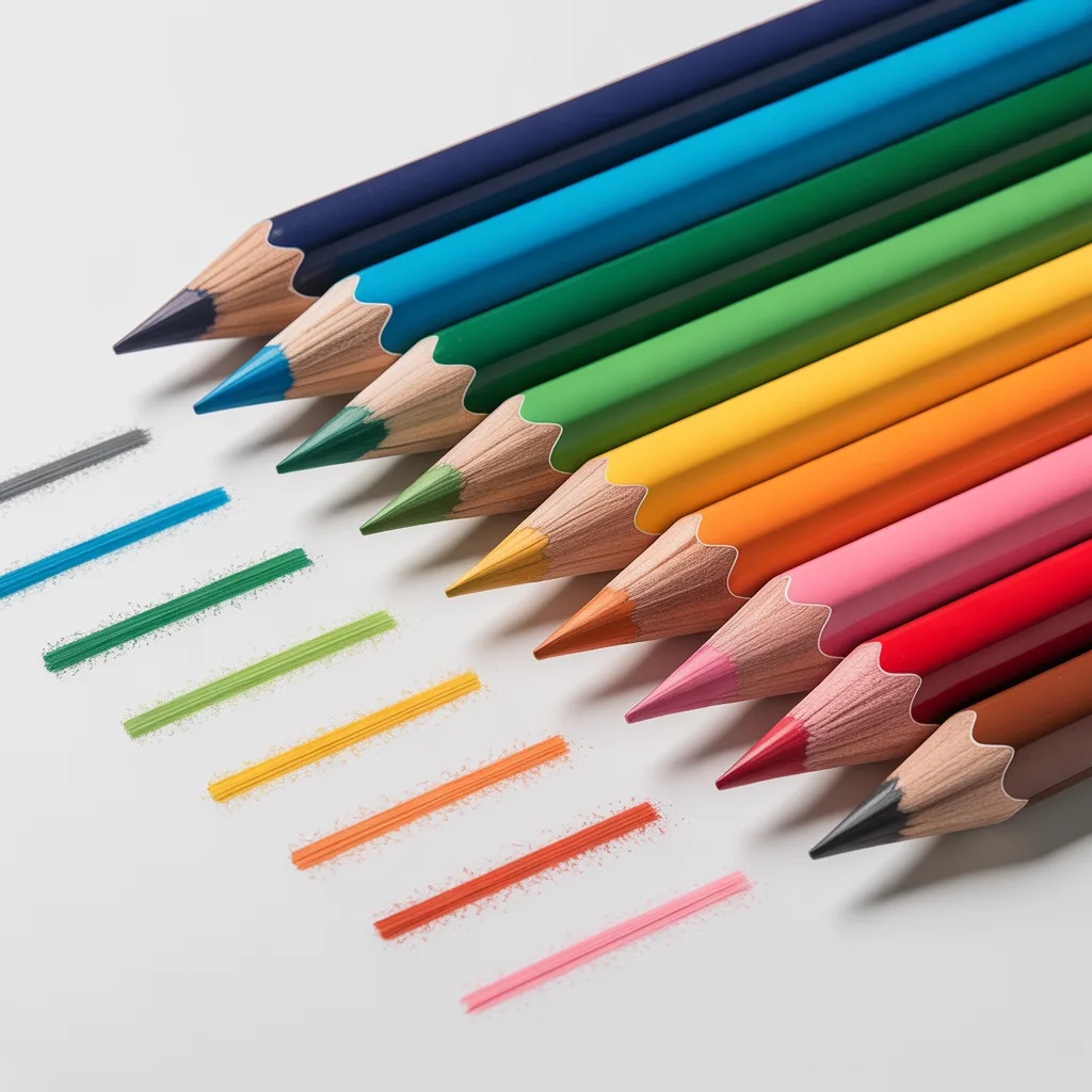 Seven pencil lead grades from 4H to 6B arranged in a diagonal row on a white surface