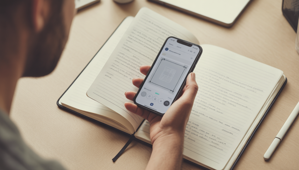 Smart Notebook: 8 Best Options for Business in 2026 2 Close-up of a hand holding a smartphone over an open notebook page, with the phone screen showing a digitization app actively scanning handwritten notes