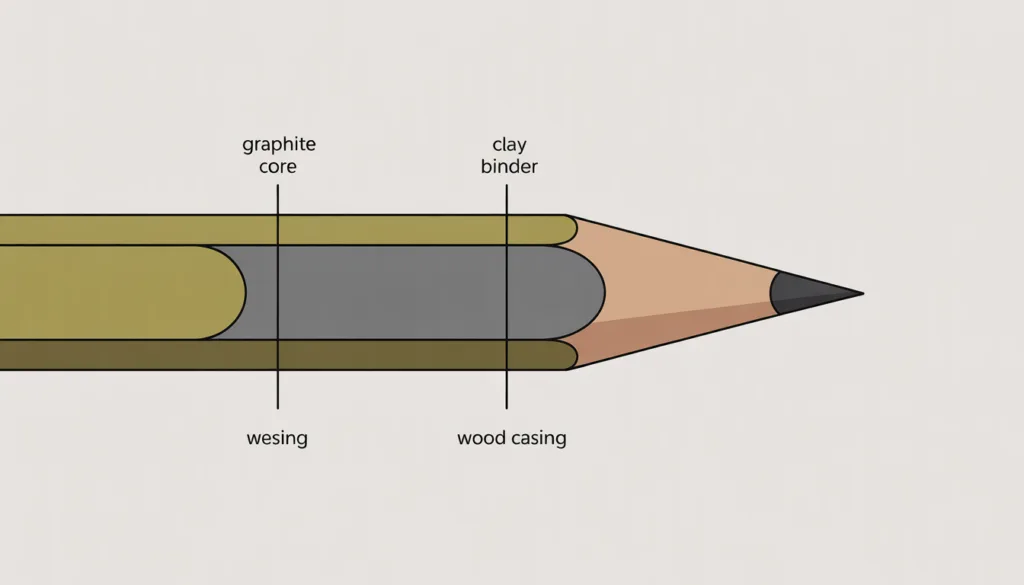 Illustrated cross-section of a pencil showing the graphite and clay pencil lead core inside the wood casing
