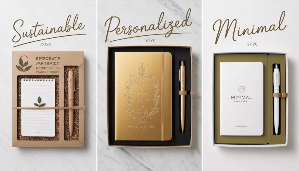 Corporate Stationery Gift Set: 8 Best Options in 2026 3 Three 2026 trending corporate stationery gift sets representing sustainable personalized and minimal styles on white marble