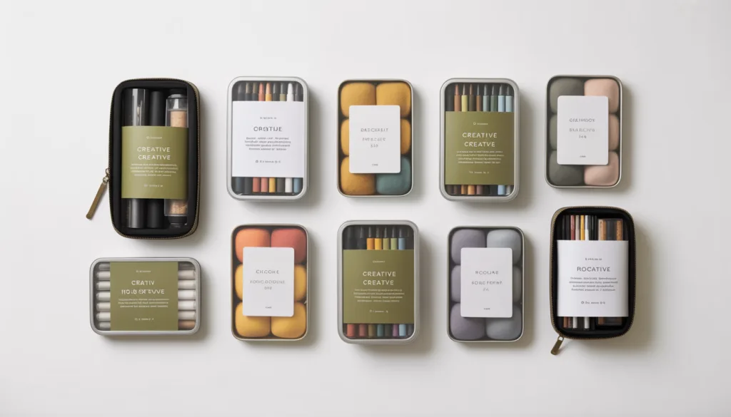 Ten different art supplies sets displayed in a flat lay grid on a white background