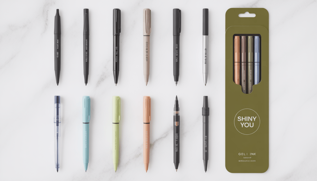 Ten different types of gel ink pens arranged in a flat lay grid on white marble including black pastel metallic erasable and branded OEM options