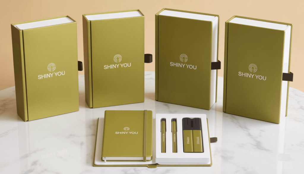 Six identical Shiny You branded corporate stationery gift sets in olive gold packaging lined up in two rows with one open on white marble