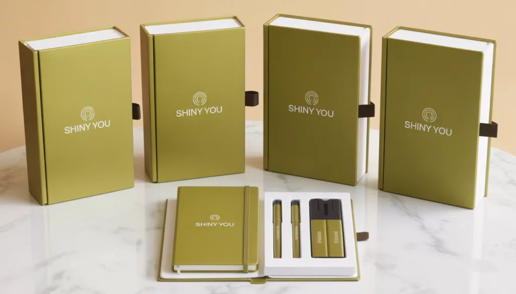 Corporate Stationery Gift Set: 8 Best Options in 2026 4 Six identical Shiny You branded corporate stationery gift sets in olive gold packaging lined up in two rows with one open on white marble