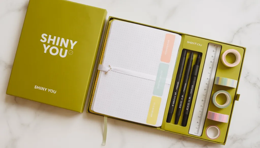 Shiny You branded bulk bullet journal supplies kit with notebook fine liners highlighters and washi tape in olive gold packaging on white marble