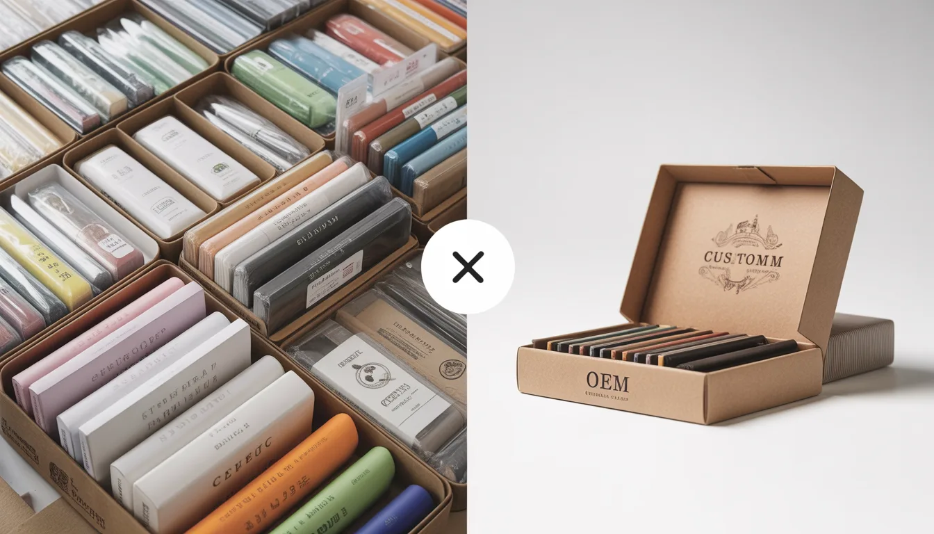 Side by side comparison of wholesale stationery versus OEM custom stationery packaging