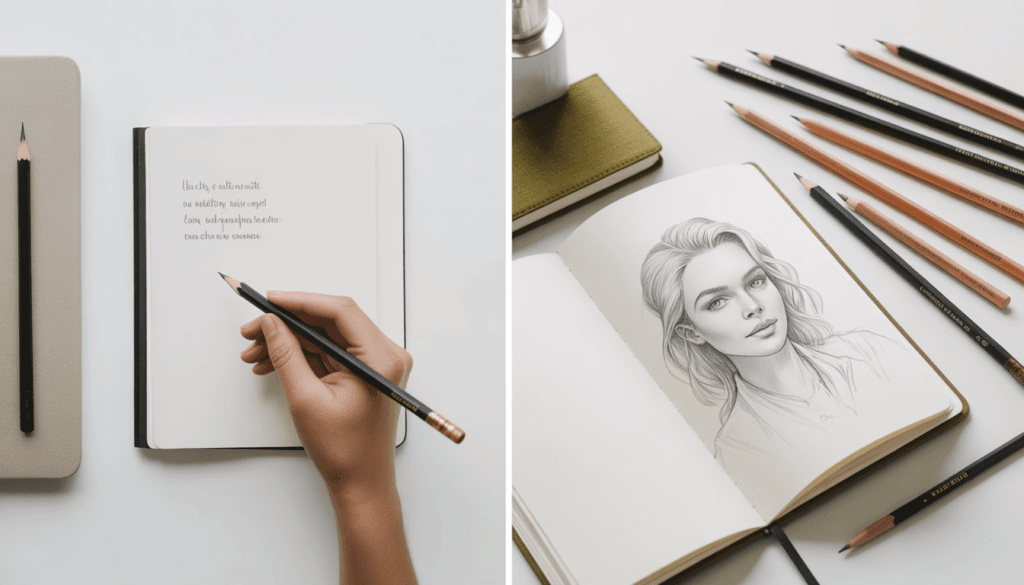 Split image showing pencil lead use for writing on the left and artistic sketching on the right
