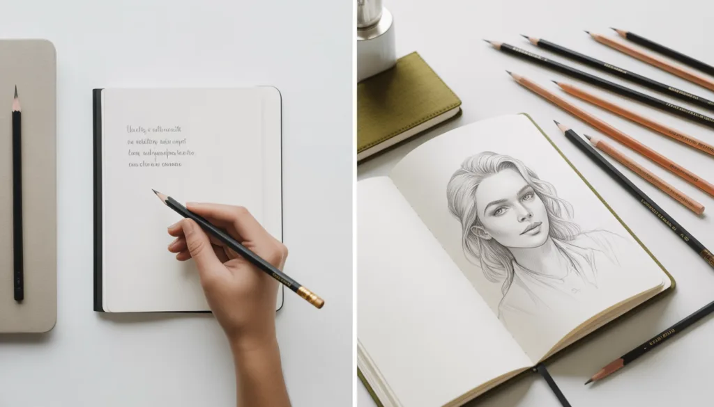 Split image showing pencil lead use for writing on the left and artistic sketching on the right