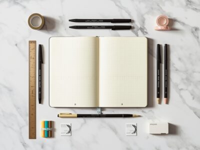 Complete bullet journal supplies including dot grid notebook fine liners highlighters and washi tape on a white surface