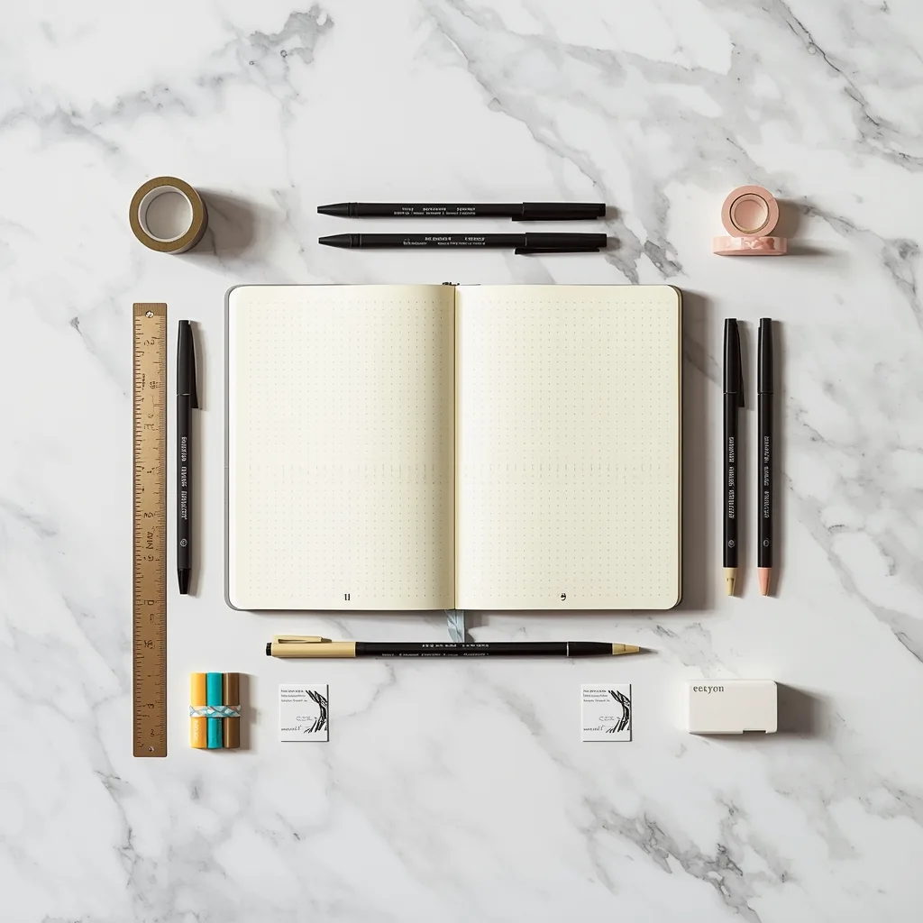 Complete bullet journal supplies including dot grid notebook fine liners highlighters and washi tape on a white surface