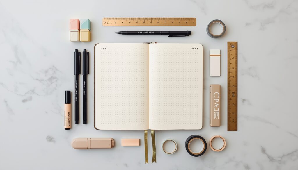 Bullet Journal Supplies: Complete List for 2026 1 Complete bullet journal supplies including dot grid notebook fine liners highlighters and washi tape on a white surface