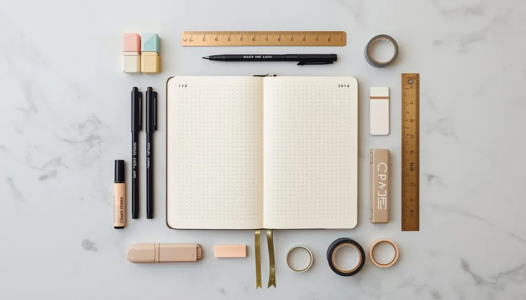 Complete bullet journal supplies including dot grid notebook fine liners highlighters and washi tape on a white surface