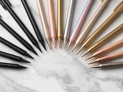 Collection of gel ink pens in various colors including black pastel metallic and neon arranged in a flat lay on white marble