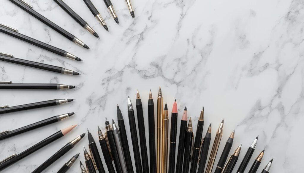 Collection of gel ink pens in various colors including black pastel metallic and neon arranged in a flat lay on white marble