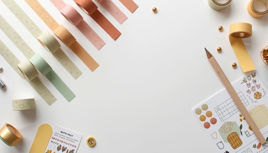 Bullet Journal Supplies: Complete List for 2026 3 Colorful washi tape rolls in pastel tones and decorative sticker sheets as bullet journal supplies on a white surface