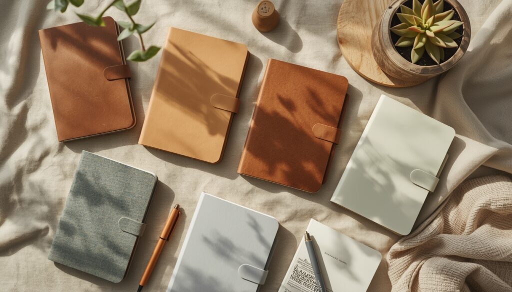 Smart Notebook: 8 Best Options for Business in 2026 3 Flat lay of eight smart notebooks in varying sizes and cover materials — leather, fabric, and matte — arranged on a linen surface with pens and a small plant as props
