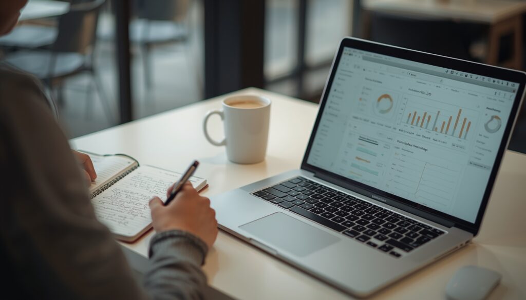 Smart Notebook: 8 Best Options for Business in 2026 4 A person sitting at a bright co-working café table with an open smart notebook on the left and a laptop on the right displaying a dashboard, representing hybrid work and cloud-connected note-taking in 2026