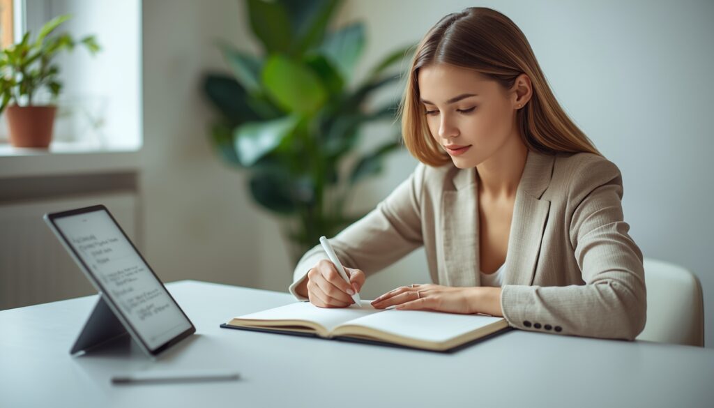 Smart Notebook: 8 Best Options for Business in 2026 1 A young professional woman writing in an open smart notebook at a bright minimalist office desk, with a tablet beside her showing digitized synced notes