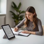 Home 88 A young professional woman writing in an open smart notebook at a bright minimalist office desk, with a tablet beside her showing digitized synced notes