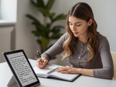 A young professional woman writing in an open smart notebook at a bright minimalist office desk, with a tablet beside her showing digitized synced notes