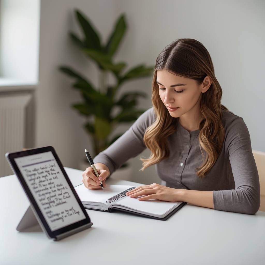 A young professional woman writing in an open smart notebook at a bright minimalist office desk, with a tablet beside her showing digitized synced notes