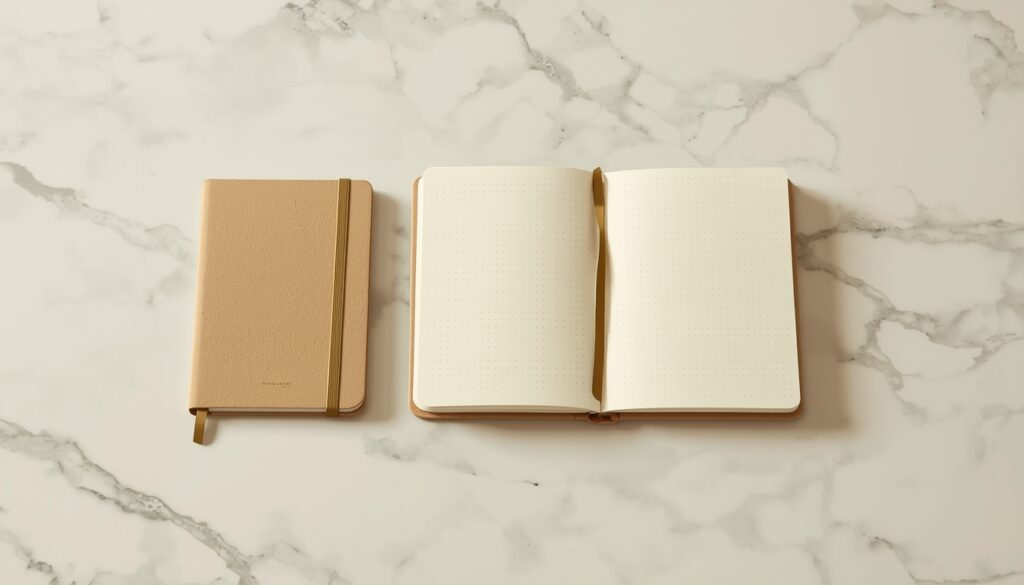 Bullet Journal Supplies: Complete List for 2026 2 Dot grid bullet journal supplies notebooks in three sizes stacked on a white marble surface with one open showing dot grid pages