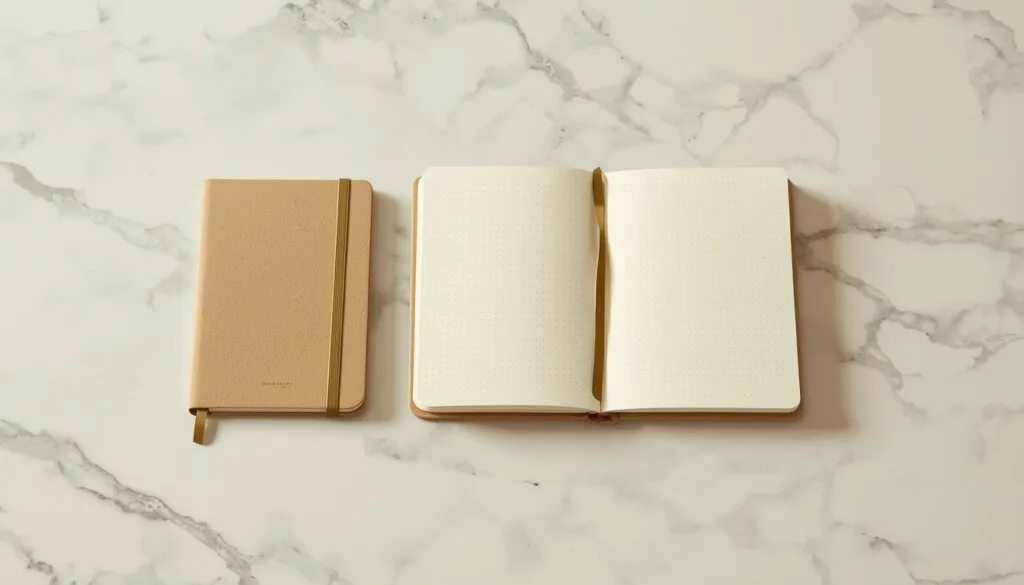 Dot grid bullet journal supplies notebooks in three sizes stacked on a white marble surface with one open showing dot grid pages