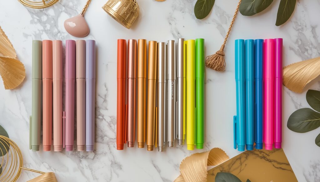 Colored gel ink pens in three groups on white marble showing pastel shades on the left metallic shades in the center and neon shades on the right