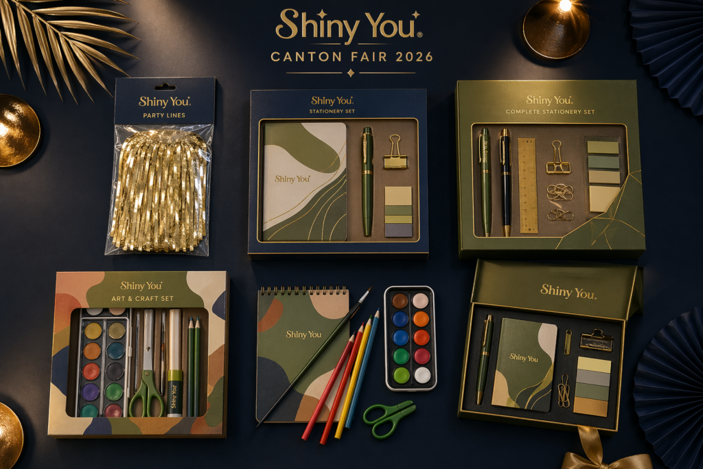 Canton Fair 2026: Shiny You Is Back 3 Shiny You Canton Fair 2026 product display showing notebooks gel pens leather journal eco friendly stationery smart notebook and gift set on navy surface