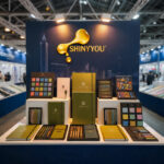 Home 86 Shiny You Stationery Canton Fair 2026 booth display showing premium notebooks pen sets and stationery gift sets with olive gold branding