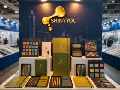 Shiny You Stationery Canton Fair 2026 booth display showing premium notebooks pen sets and stationery gift sets with olive gold branding