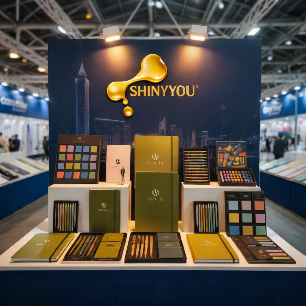 Shiny You Stationery Canton Fair 2026 booth display showing premium notebooks pen sets and stationery gift sets with olive gold branding