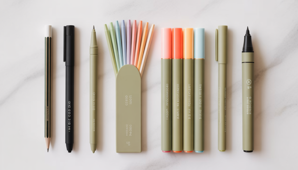 Six writing instruments for back to school supplies list including HB pencil gel ink pen colored pens highlighters fine liner and erasable pen on white marble