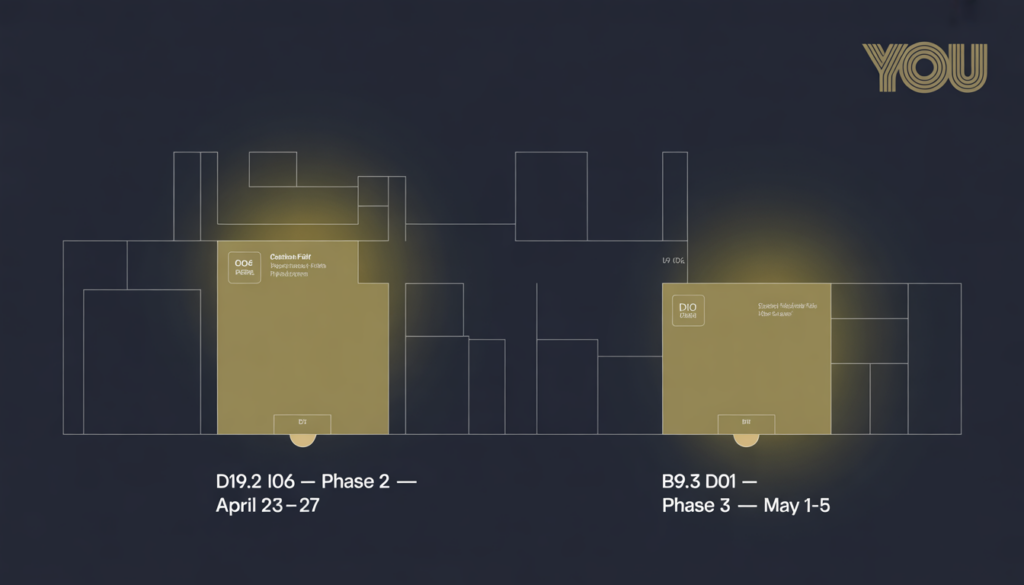 Canton Fair 2026: Shiny You Is Back 2 Canton Fair 2026 booth location map showing Shiny You at Phase 2 booth D19.2 I06 April 23 to 27 and Phase 3 booth B9.3 D01 May 1 to 5